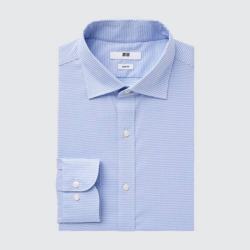 Men's Uniqlo Easy Care Checked Stretch Slim Fit (Semi-cutaway Collar) Shirts Blue | EPGL-98243