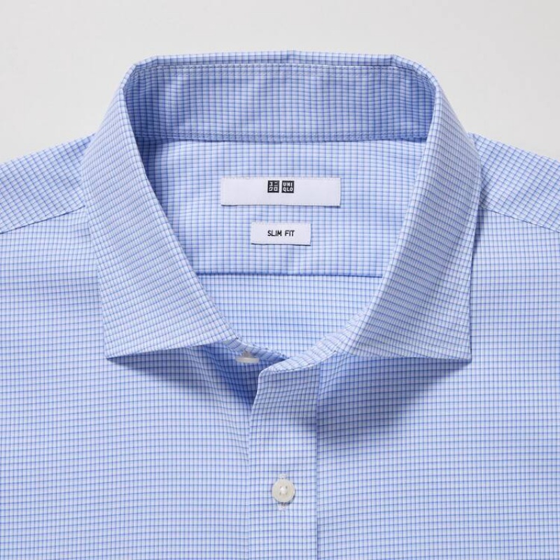 Men's Uniqlo Easy Care Checked Stretch Slim Fit (Semi-cutaway Collar) Shirts Blue | EPGL-98243