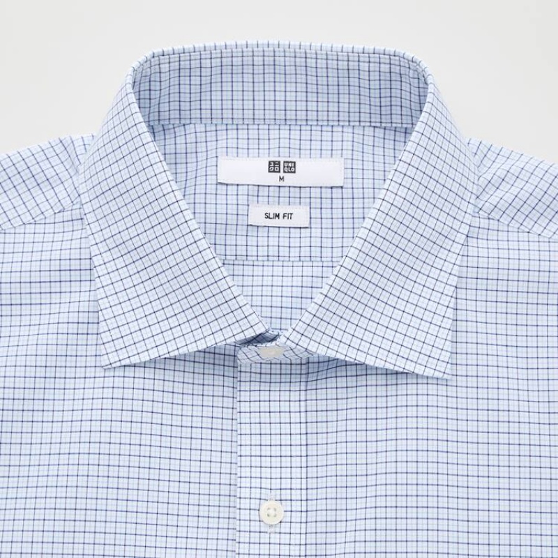 Men's Uniqlo Easy Care Checked Stretch Slim Fit (Semi-cutaway Collar) Shirts Blue | FHYN-79214