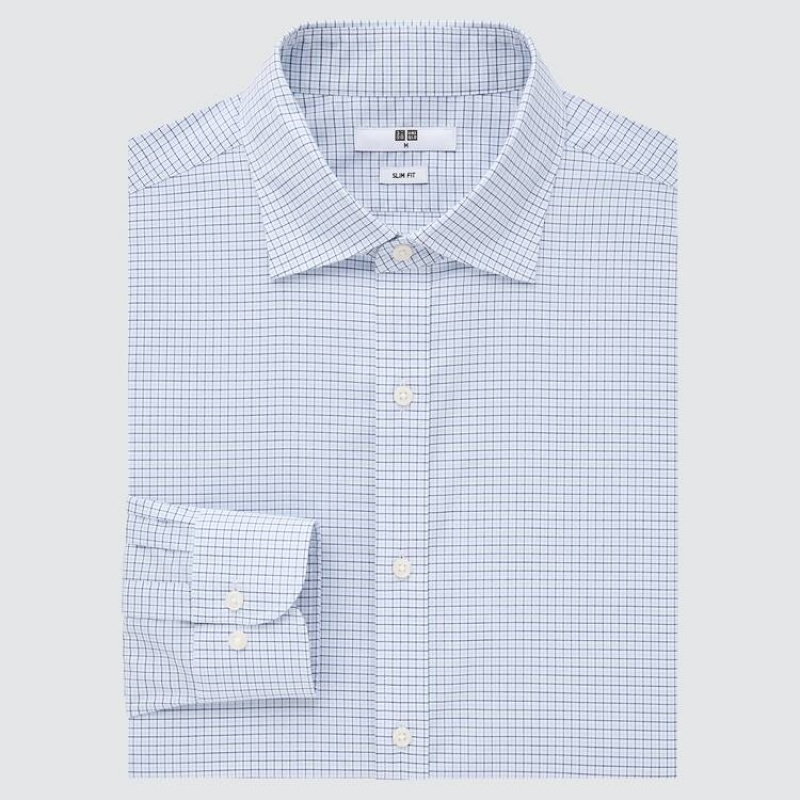 Men\'s Uniqlo Easy Care Checked Stretch Slim Fit (Semi-cutaway Collar) Shirts Blue | FHYN-79214