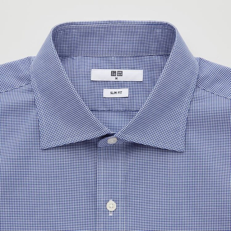 Men's Uniqlo Easy Care Checked Stretch Slim Fit (Semi-cutaway Collar) Shirts Blue | KBGS-42831