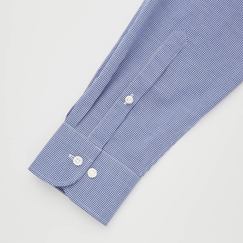 Men's Uniqlo Easy Care Checked Stretch Slim Fit (Semi-cutaway Collar) Shirts Blue | KBGS-42831