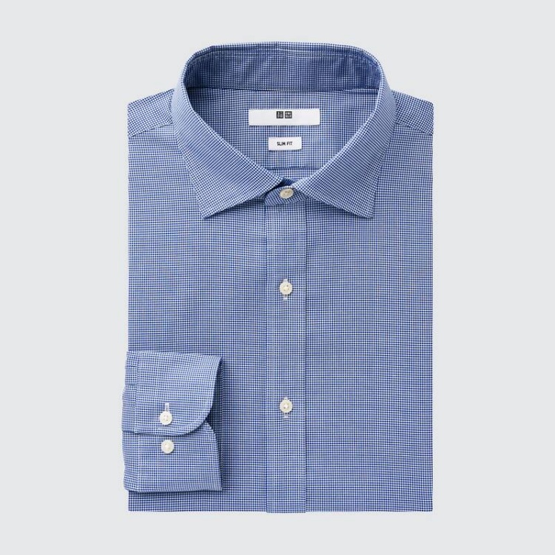 Men's Uniqlo Easy Care Stretch Slim Fit Checked (Semi-cutaway Collar) Shirts Blue | ZADF-16075