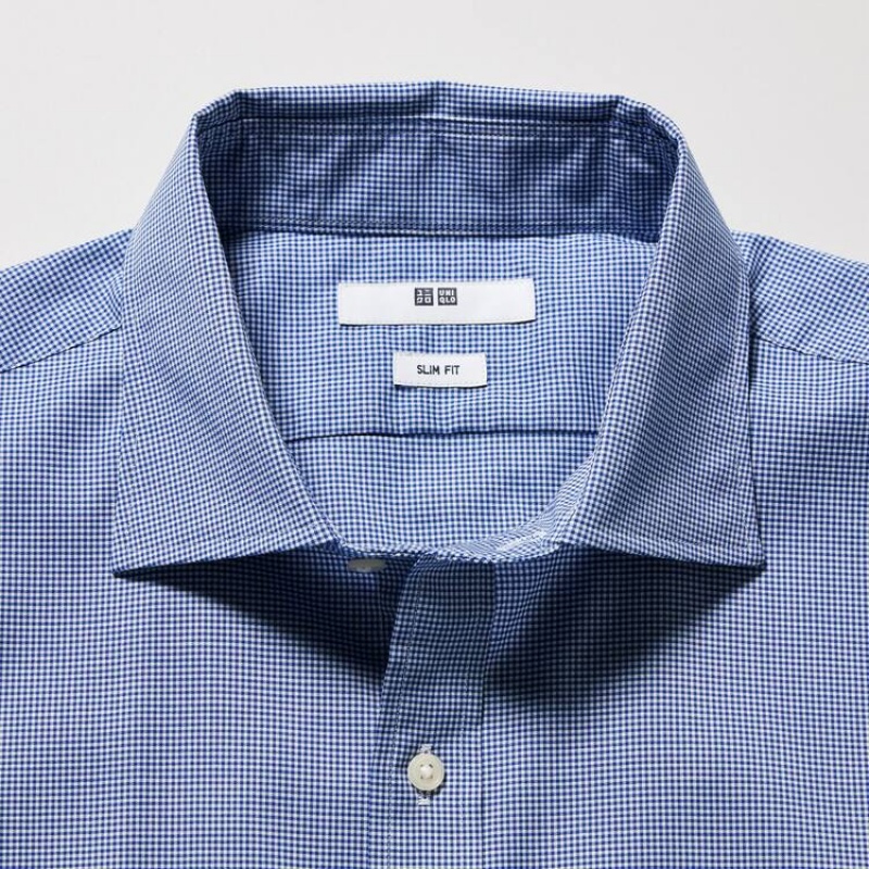 Men's Uniqlo Easy Care Stretch Slim Fit Checked (Semi-cutaway Collar) Shirts Blue | ZADF-16075