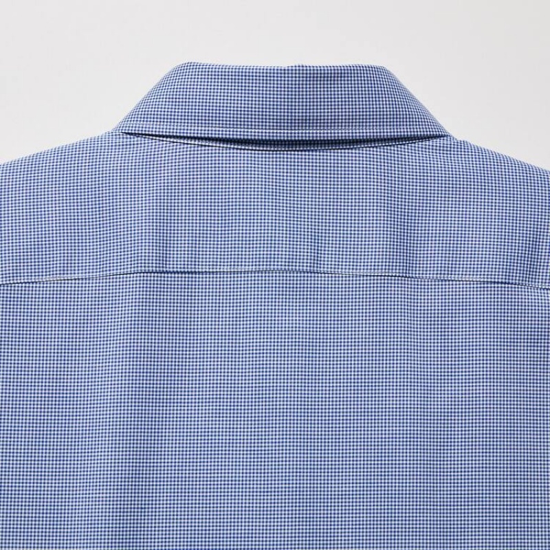 Men's Uniqlo Easy Care Stretch Slim Fit Checked (Semi-cutaway Collar) Shirts Blue | ZADF-16075