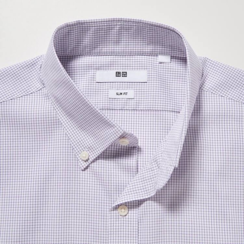 Men's Uniqlo Easy Care Stretch Slim Fit Checked (Button-down Collar) Shirts Purple | GDQL-54971