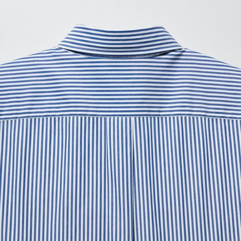 Men's Uniqlo Extra Fine Cotton Broadcloth Regular Fit Striped (Button-down Collar) Shirts Blue | TGRP-63908