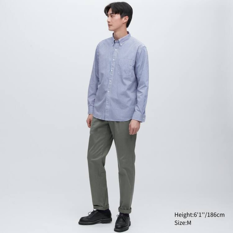 Men's Uniqlo Extra Fine Cotton Broadcloth Regular Fit Striped (Button-down Collar) Shirts Blue | TGRP-63908