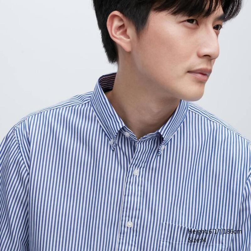 Men's Uniqlo Extra Fine Cotton Broadcloth Regular Fit Striped (Button-down Collar) Shirts Blue | TGRP-63908