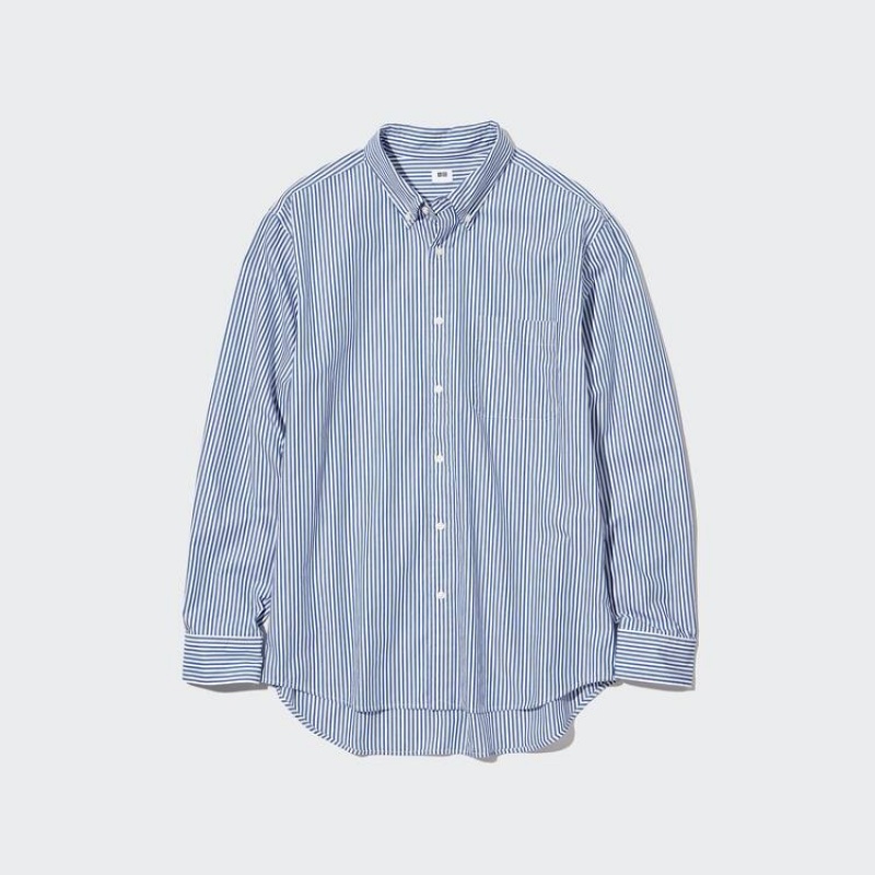 Men's Uniqlo Extra Fine Cotton Broadcloth Regular Fit Striped (Button-down Collar) Shirts Blue | TGRP-63908