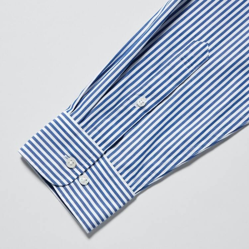 Men's Uniqlo Extra Fine Cotton Broadcloth Regular Fit Striped (Button-down Collar) Shirts Blue | TGRP-63908