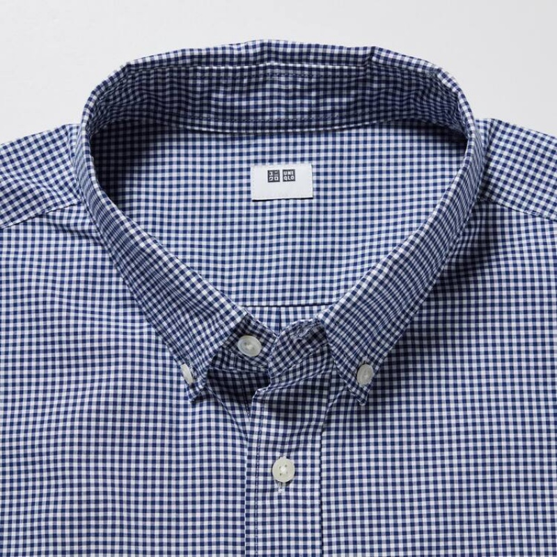 Men's Uniqlo Extra Fine Cotton Broadcloth Checked (Button-down Collar) Shirts Blue | MABK-53601