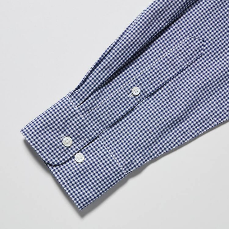 Men's Uniqlo Extra Fine Cotton Broadcloth Checked (Button-down Collar) Shirts Blue | MABK-53601