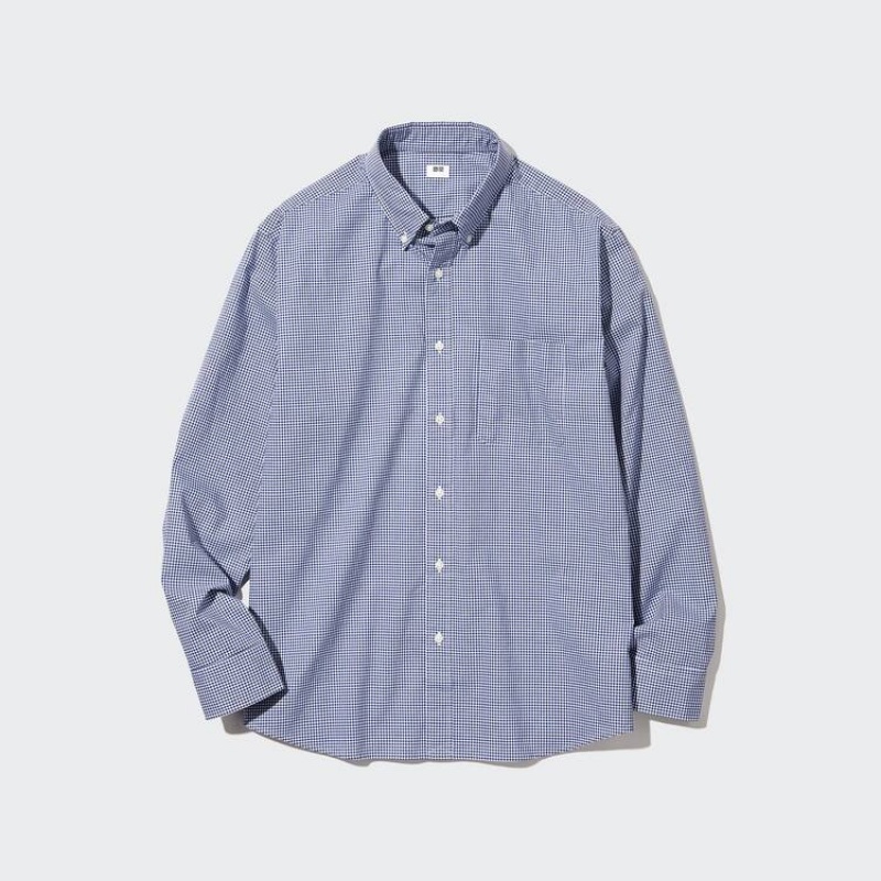 Men's Uniqlo Extra Fine Cotton Broadcloth Long Sleeve Shirts Blue | CUYQ-84231