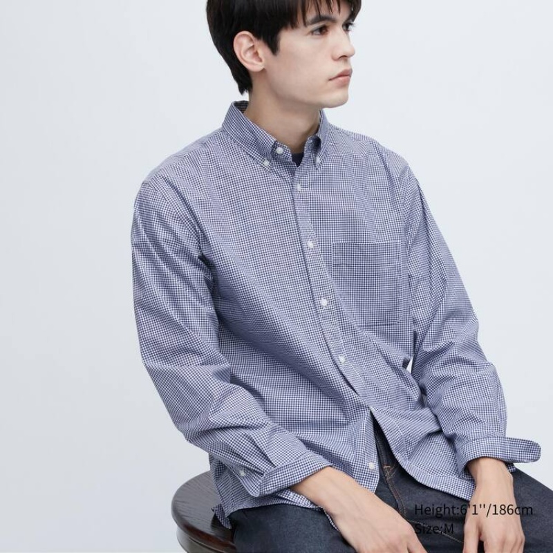 Men\'s Uniqlo Extra Fine Cotton Broadcloth Long Sleeve Shirts Blue | CUYQ-84231