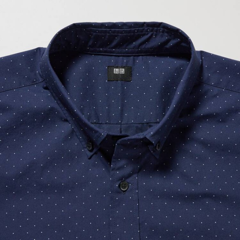 Men's Uniqlo Extra Fine Cotton Broadcloth Regular Fit Printed (Regular Collar) Shirts Blue | DTOK-76243