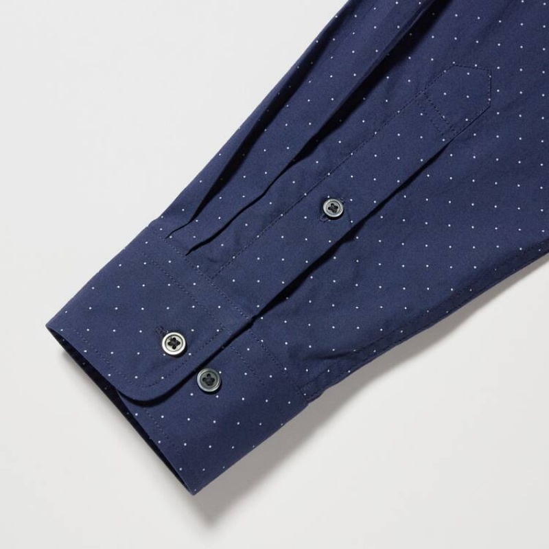 Men's Uniqlo Extra Fine Cotton Broadcloth Regular Fit Printed (Regular Collar) Shirts Blue | DTOK-76243