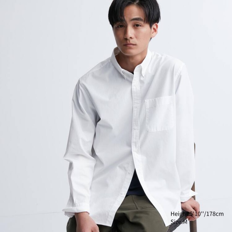 Men\'s Uniqlo Extra Fine Cotton Broadcloth Long Sleeve Shirts White | FLRD-78416