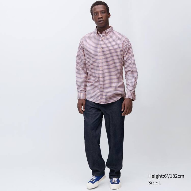 Men's Uniqlo Extra Fine Cotton Broadcloth Regular Fit Checked (Button-down Collar) Shirts Pink | OVXW-03158