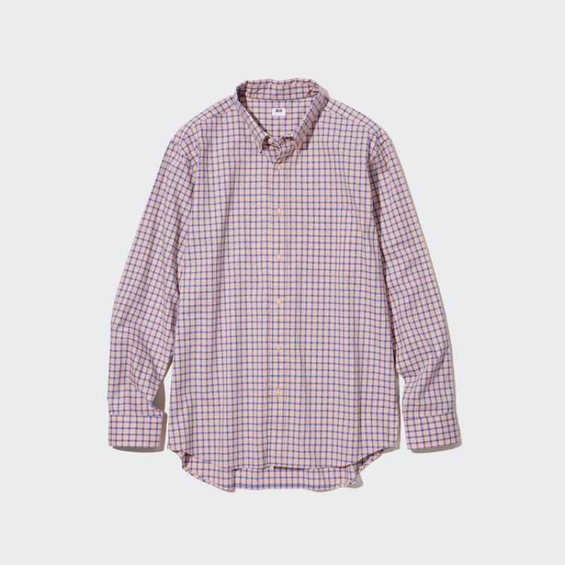 Men's Uniqlo Extra Fine Cotton Broadcloth Regular Fit Checked (Button-down Collar) Shirts Pink | OVXW-03158