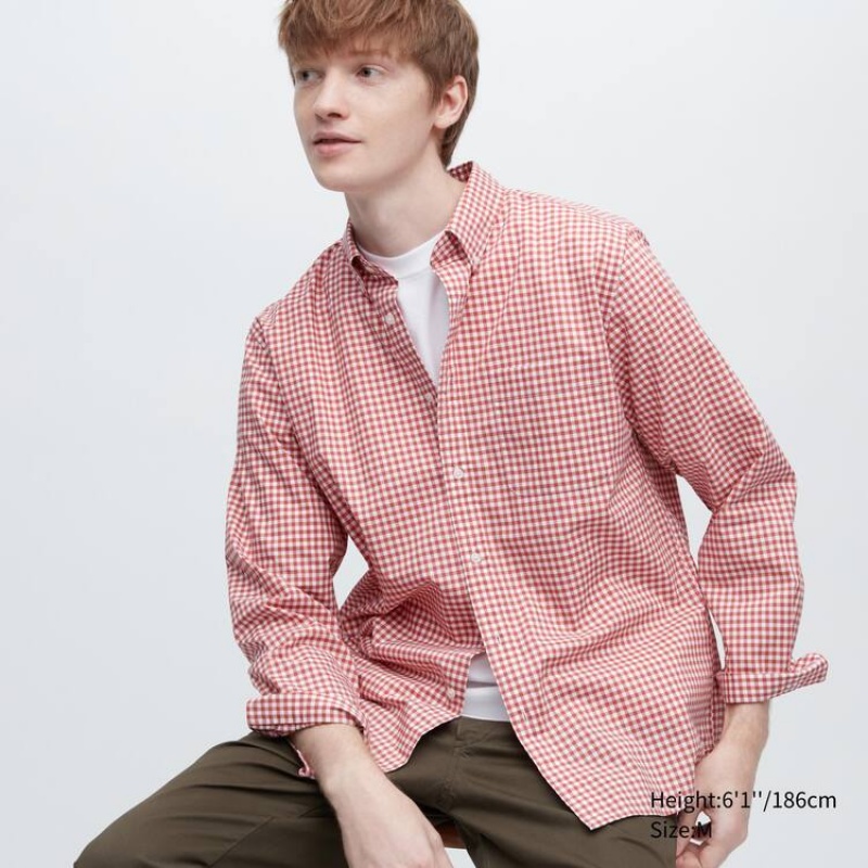 Men\'s Uniqlo Extra Fine Cotton Broadcloth Long Sleeve Shirts Red | ZAWK-05879