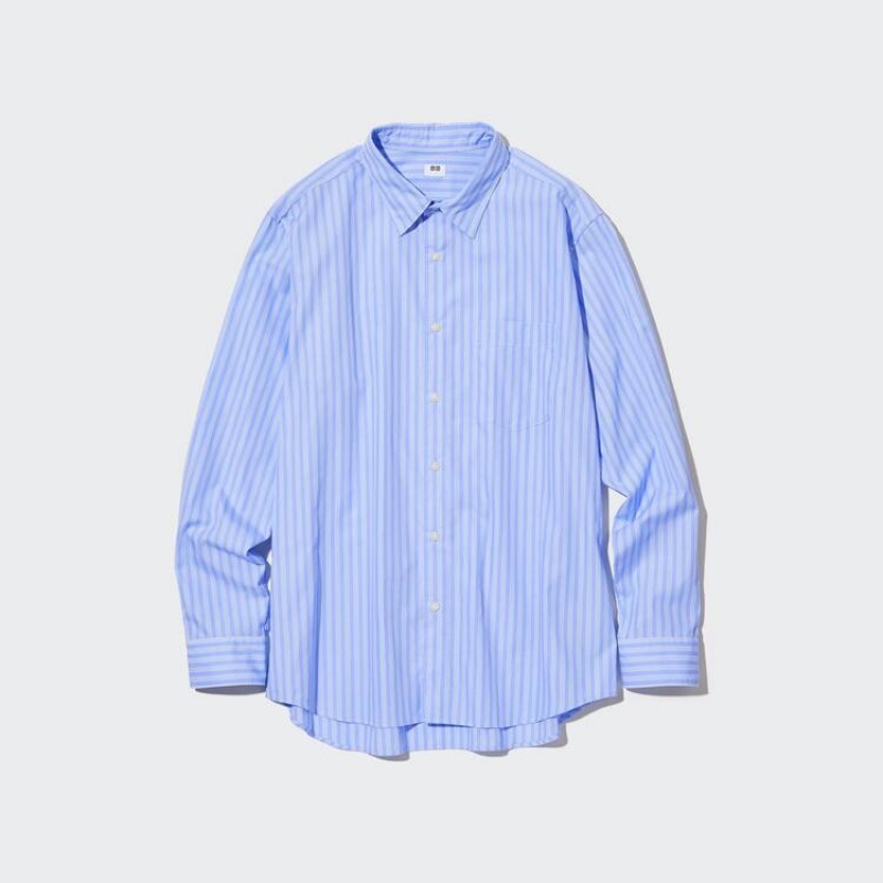 Men's Uniqlo Extra Fine Cotton Broadcloth Regular Fit Striped Shirts Blue | IQCS-72618