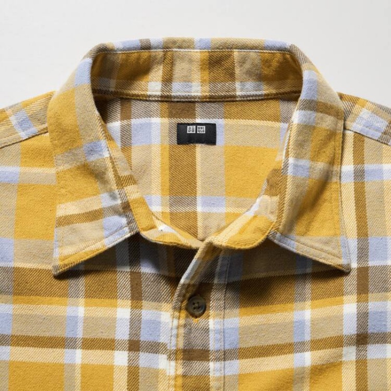 Men's Uniqlo Flannel Checked Regular Fit (Regular Collar) Shirts Yellow | PJEA-14059