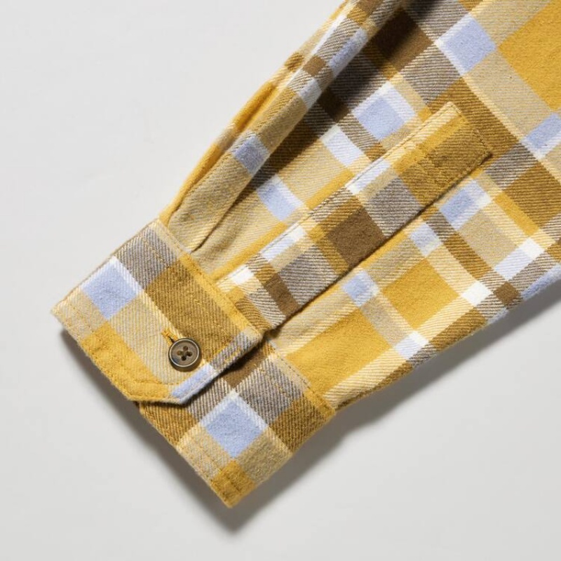 Men's Uniqlo Flannel Checked Regular Fit (Regular Collar) Shirts Yellow | PJEA-14059