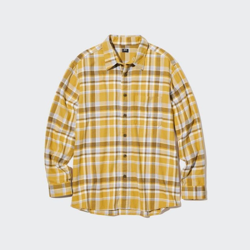 Men\'s Uniqlo Flannel Checked Regular Fit (Regular Collar) Shirts Yellow | PJEA-14059