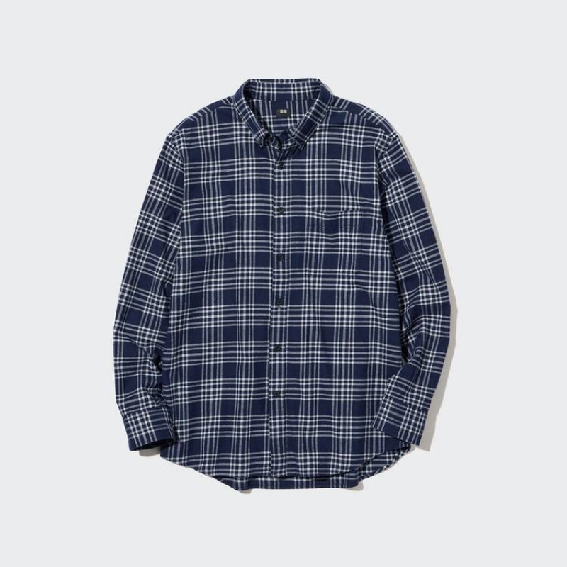 Men's Uniqlo Flannel Regular Fit Checked (Button-down Collar) Shirts Navy | XZSU-69045