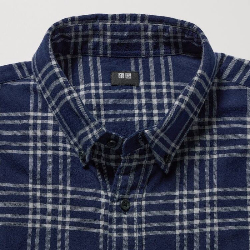 Men's Uniqlo Flannel Regular Fit Checked (Button-down Collar) Shirts Navy | XZSU-69045