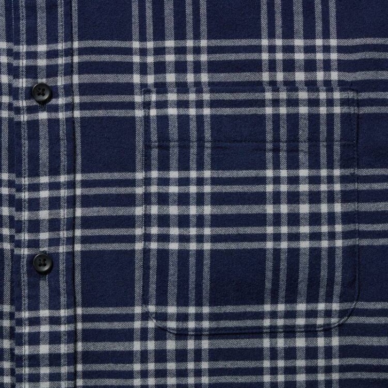 Men's Uniqlo Flannel Regular Fit Checked (Button-down Collar) Shirts Navy | XZSU-69045