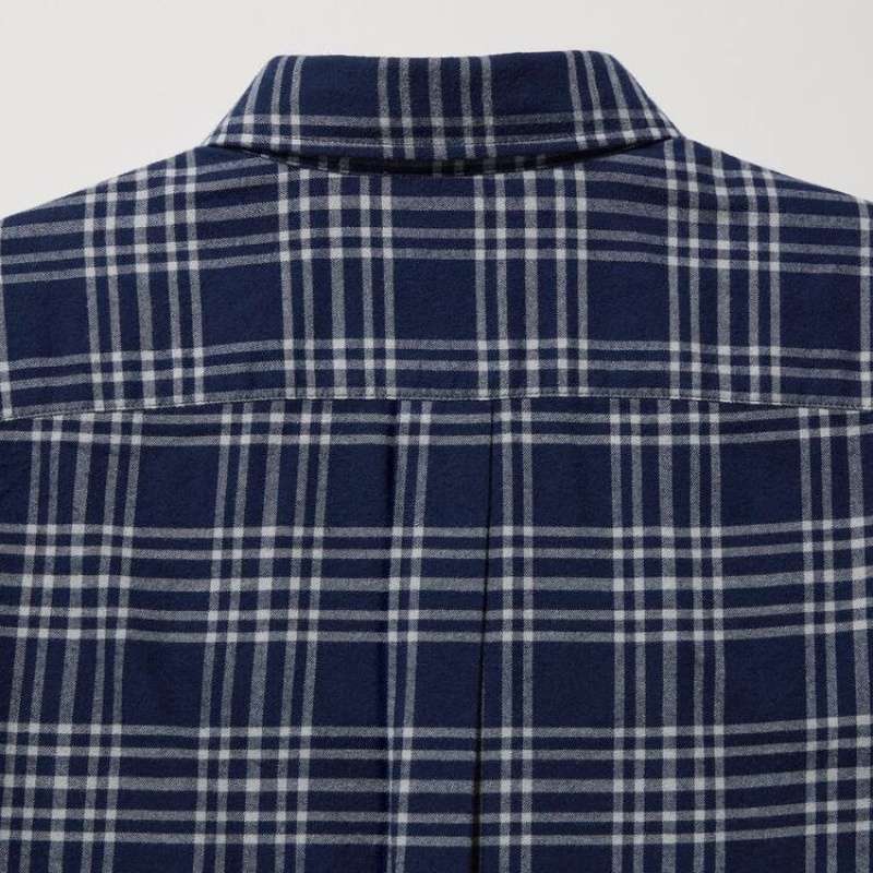 Men's Uniqlo Flannel Regular Fit Checked (Button-down Collar) Shirts Navy | XZSU-69045