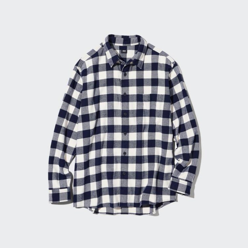 Men's Uniqlo Flannel Regular Fit Checked (Regular Collar) Shirts White | DPQK-40136