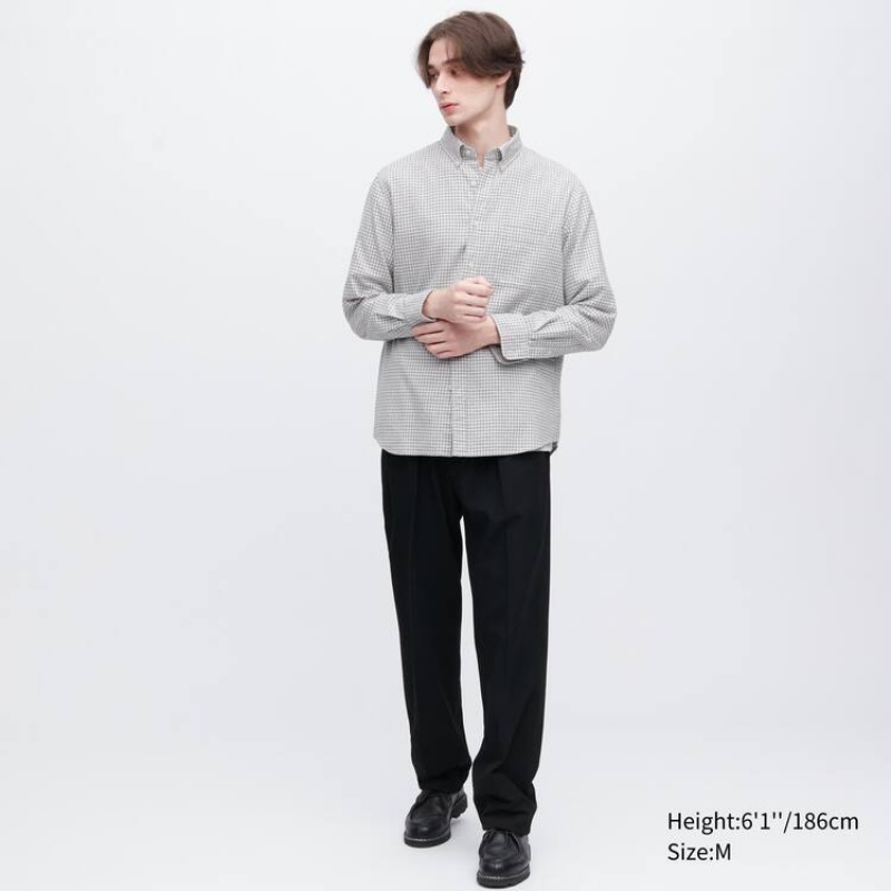 Men's Uniqlo Flannel Regular Fit Checked (Button-down Collar) Shirts Grey | PRSO-14703