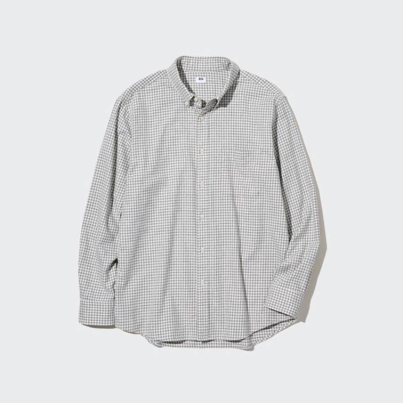 Men's Uniqlo Flannel Regular Fit Checked (Button-down Collar) Shirts Grey | PRSO-14703