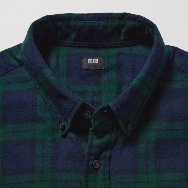 Men's Uniqlo Flannel Regular Fit Checked (Button-down Collar) Shirts Dark Green | DXFA-58124