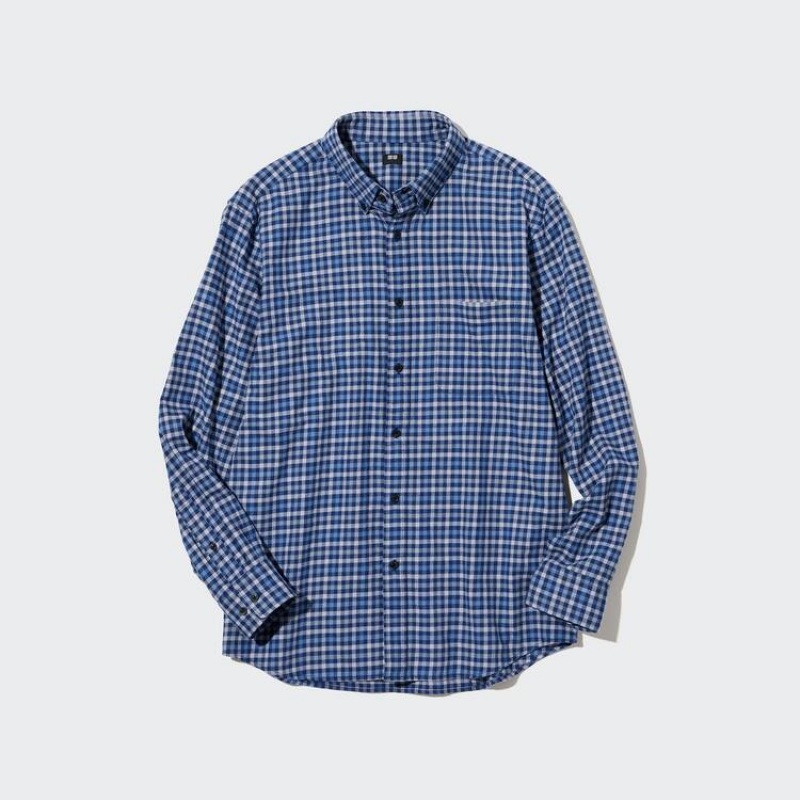 Men's Uniqlo Flannel Regular Fit Checked (Button-down Collar) Shirts Blue | GPCF-75142