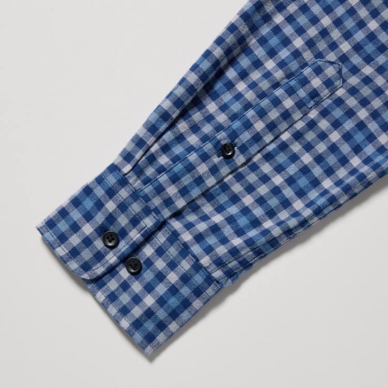 Men's Uniqlo Flannel Regular Fit Checked (Button-down Collar) Shirts Blue | GPCF-75142