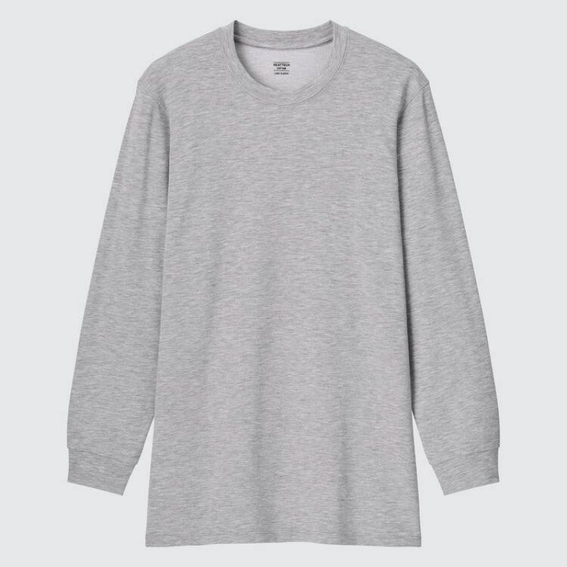 Men's Uniqlo Heattech Extra Warm Cotton Heather Crew Neck Long Sleeved Thermal Tops Grey | AUEJ-92571