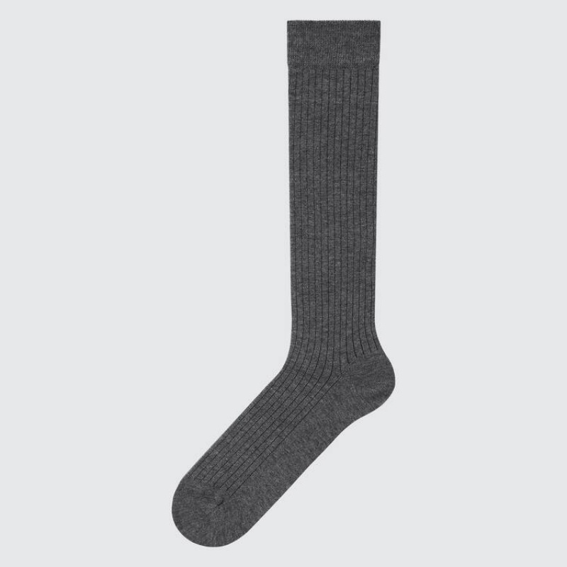 Men's Uniqlo Heattech Ribbed Knee High Socks Dark Grey | TAWL-78250