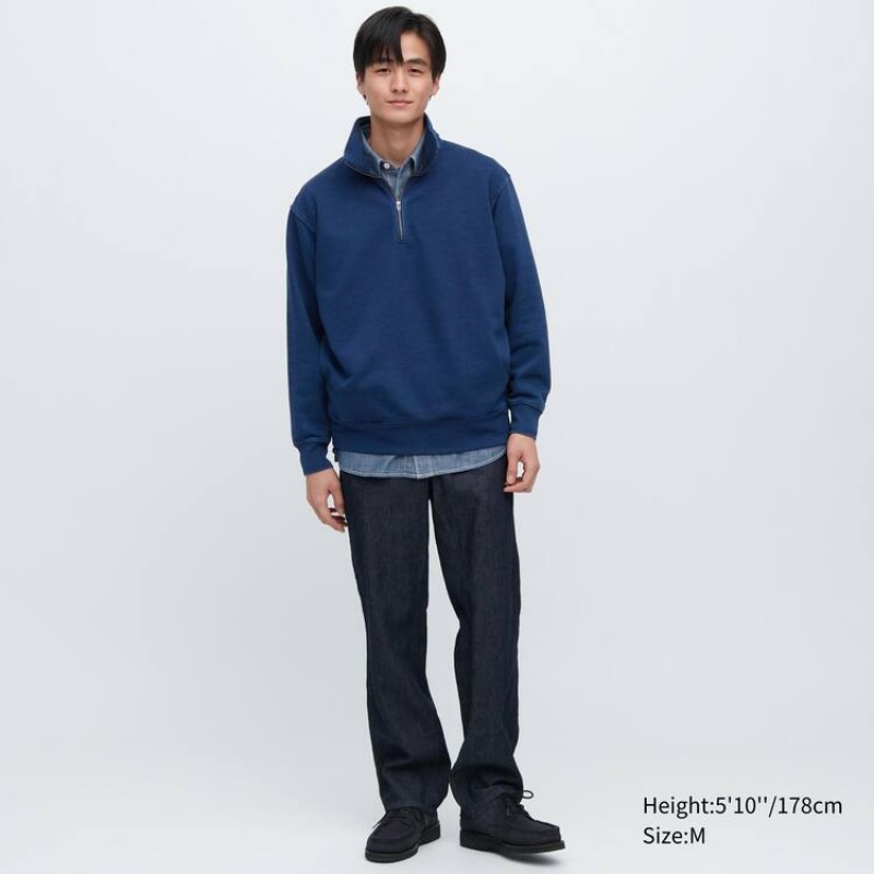 Men's Uniqlo Indigo Sweat Half-zipped Pullover Sweatshirts Blue | VXSM-43012