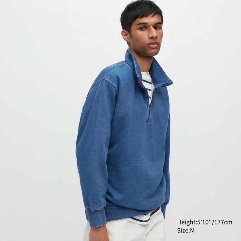 Men\'s Uniqlo Indigo Sweat Half-zipped Pullover Sweatshirts Blue | VXSM-43012