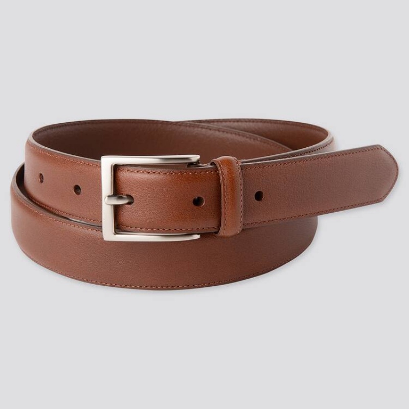 Men\'s Uniqlo Italian Leather Stitched Belts Brown | GMRE-42187