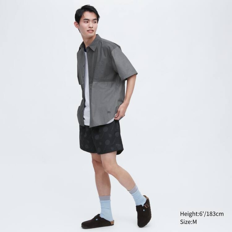 Men's Uniqlo Jw Anderson Casual Chambray Short Sleeved Shirts Grey | UVKE-82135