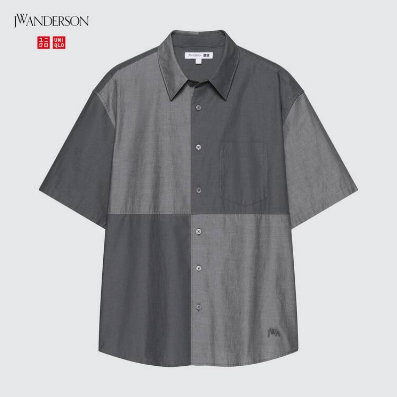 Men's Uniqlo Jw Anderson Casual Chambray Short Sleeved Shirts Grey | UVKE-82135