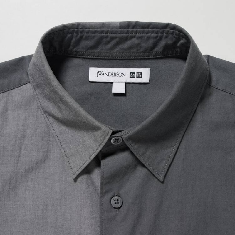 Men's Uniqlo Jw Anderson Casual Chambray Short Sleeved Shirts Grey | UVKE-82135