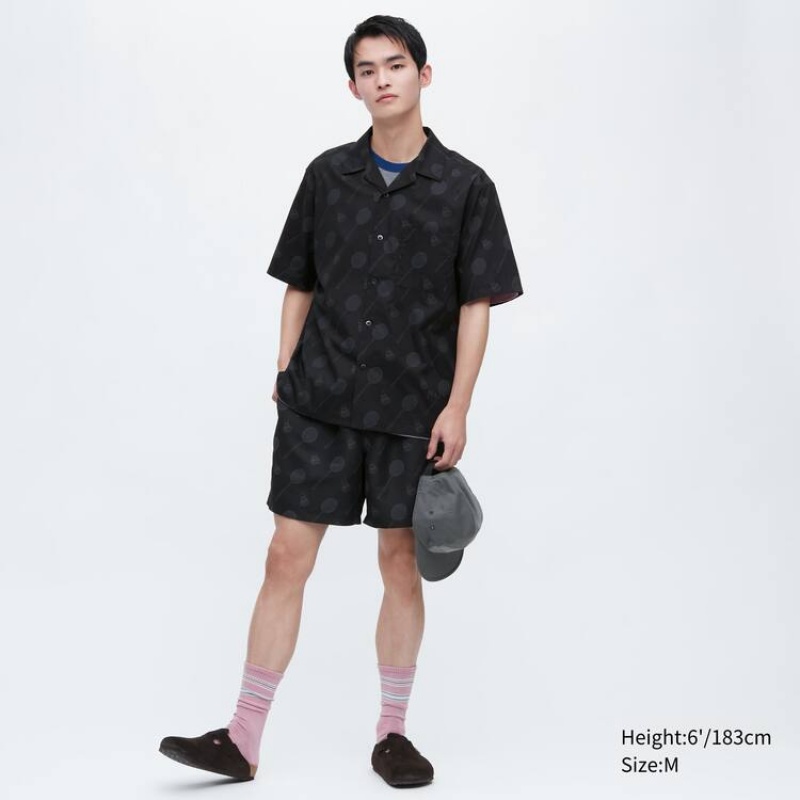 Men's Uniqlo Jw Anderson Casual Printed Short Sleeved (Open Collar) Shirts Black | DEHI-37549