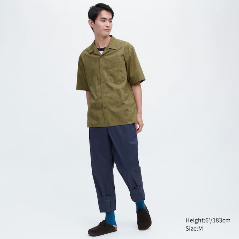 Men's Uniqlo Jw Anderson Casual Printed Short Sleeved (Open Collar) Shirts Olive | CFDZ-19478