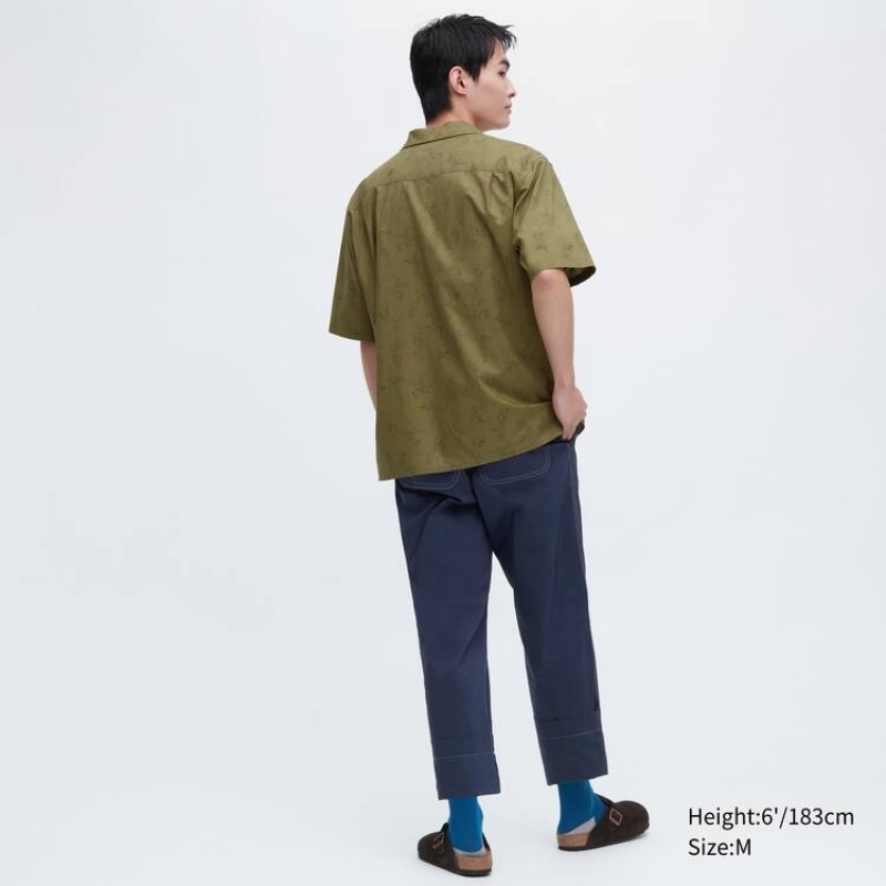 Men's Uniqlo Jw Anderson Casual Printed Short Sleeved (Open Collar) Shirts Olive | CFDZ-19478